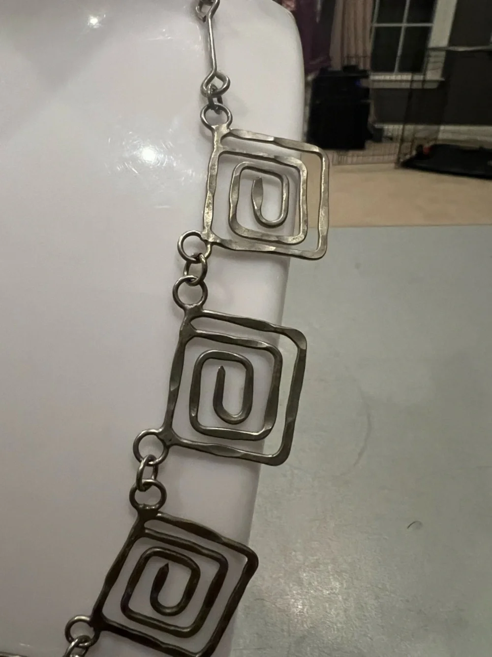 Boho Chunky Bib Necklace – Antique Silver Rectangle Spiral Design